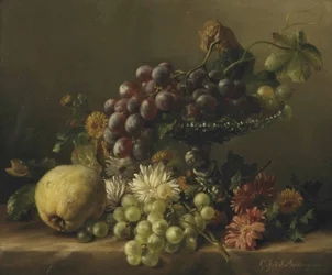 Una cotogna, denti di leone, margherite, dalie e un plateau con uva, tutto su un ripiano